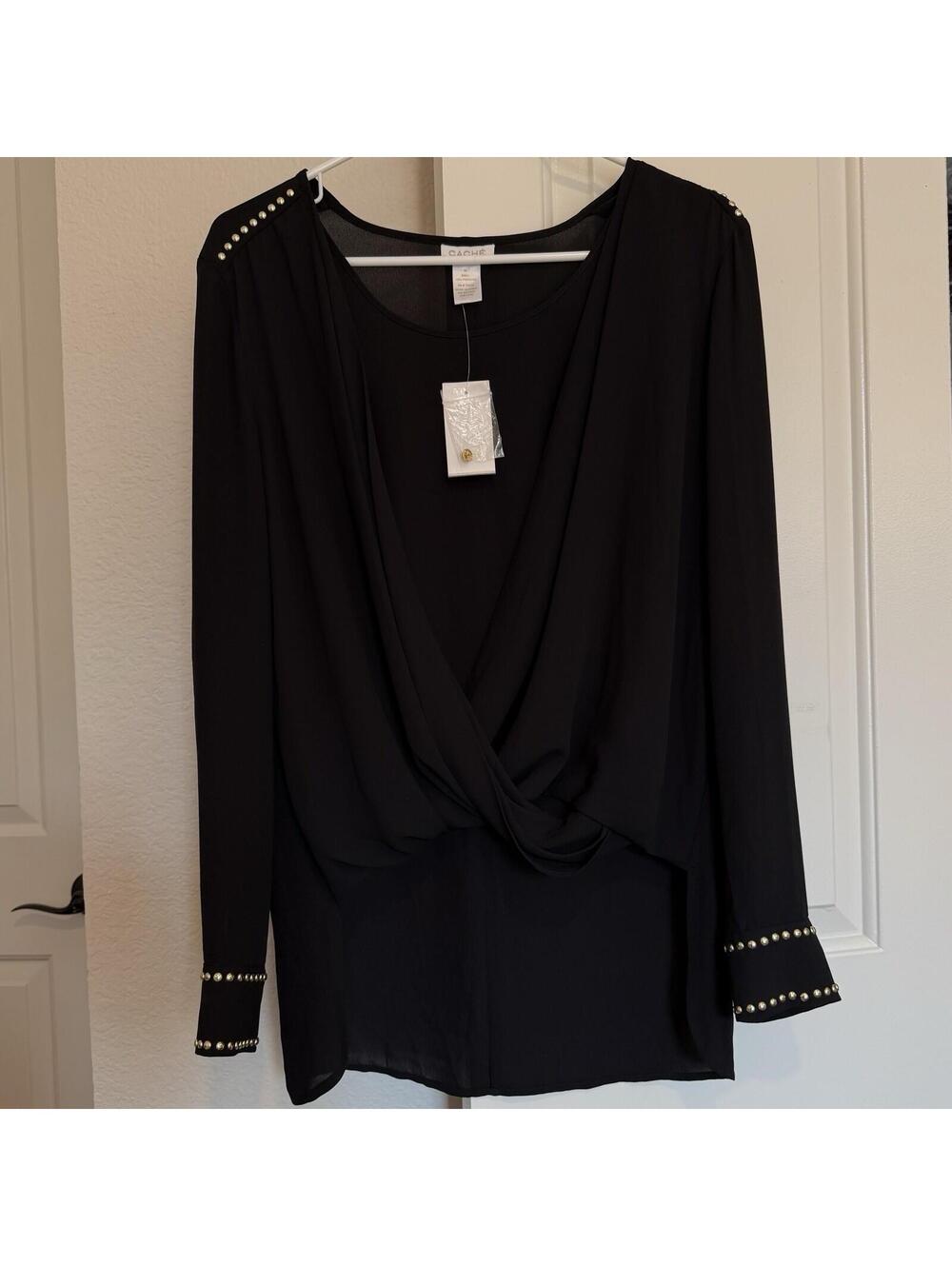 Cache Faux Wrap Layered Look Black Long Sleeve Blouse Top NWT M Medium Gold Stud